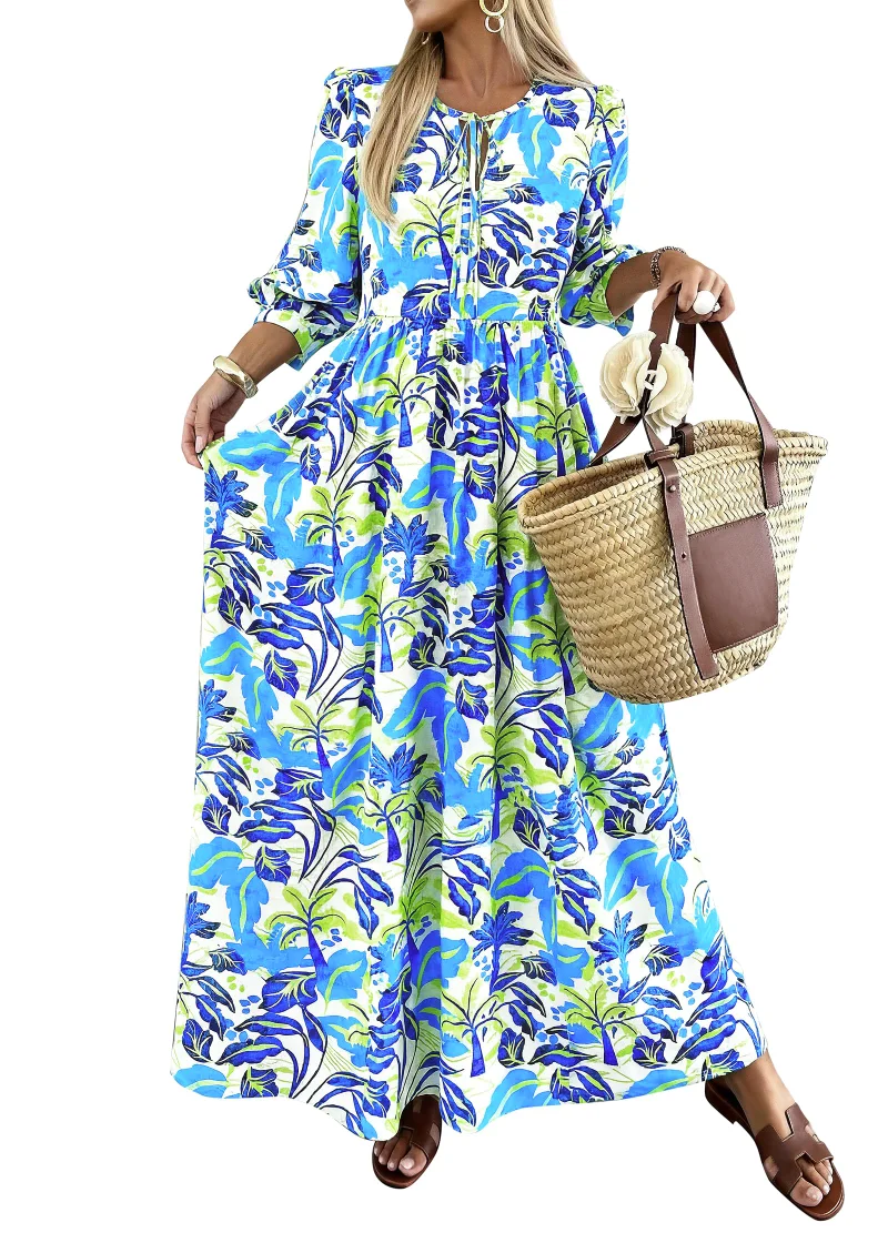 KIRUNDO Floral Three-Quarter Sleeve Maxi Dress in Blue Green