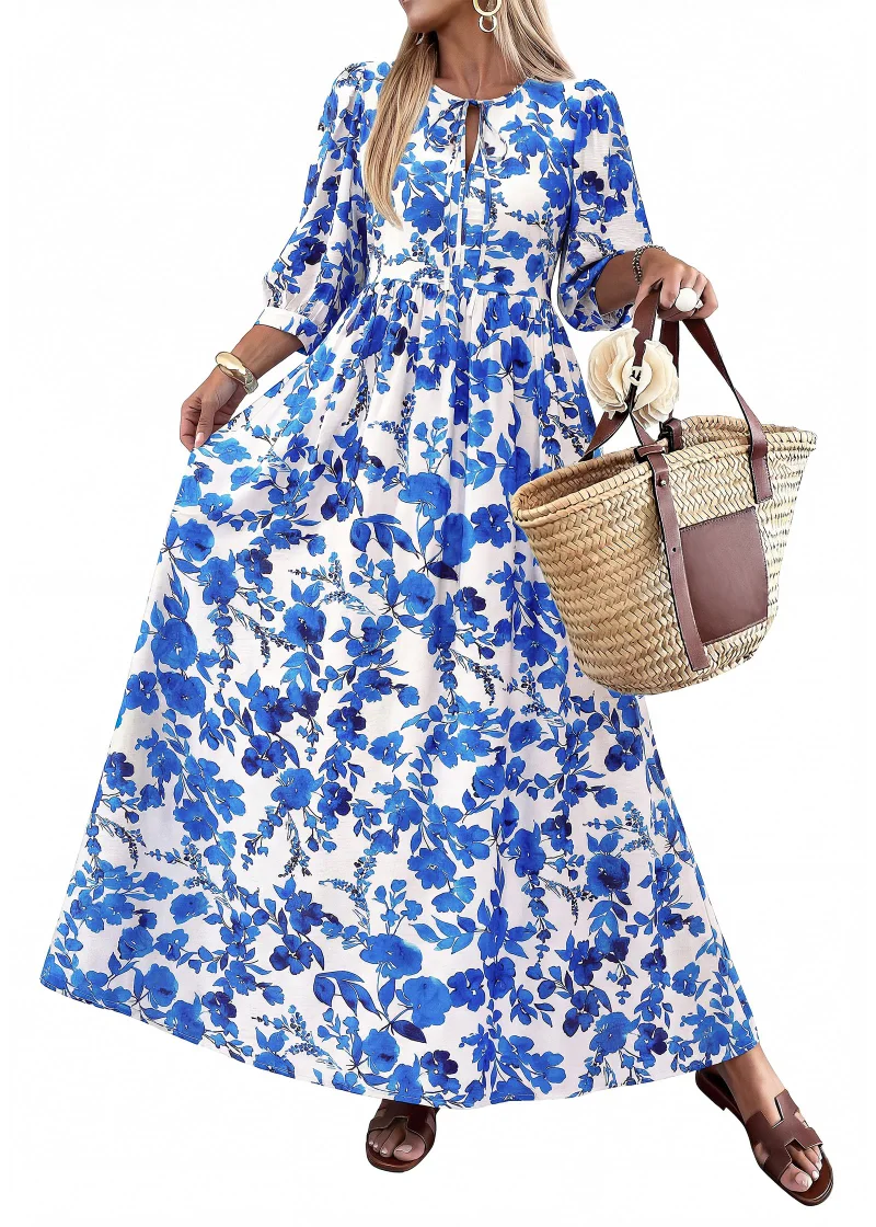 KIRUNDO Floral Three-Quarter Sleeve Maxi Dress in Blue