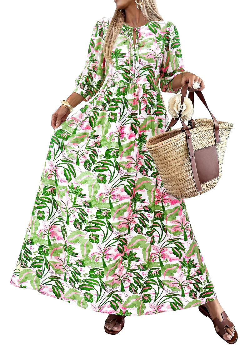 KIRUNDO Floral Three-Quarter Sleeve Maxi Dress in Green