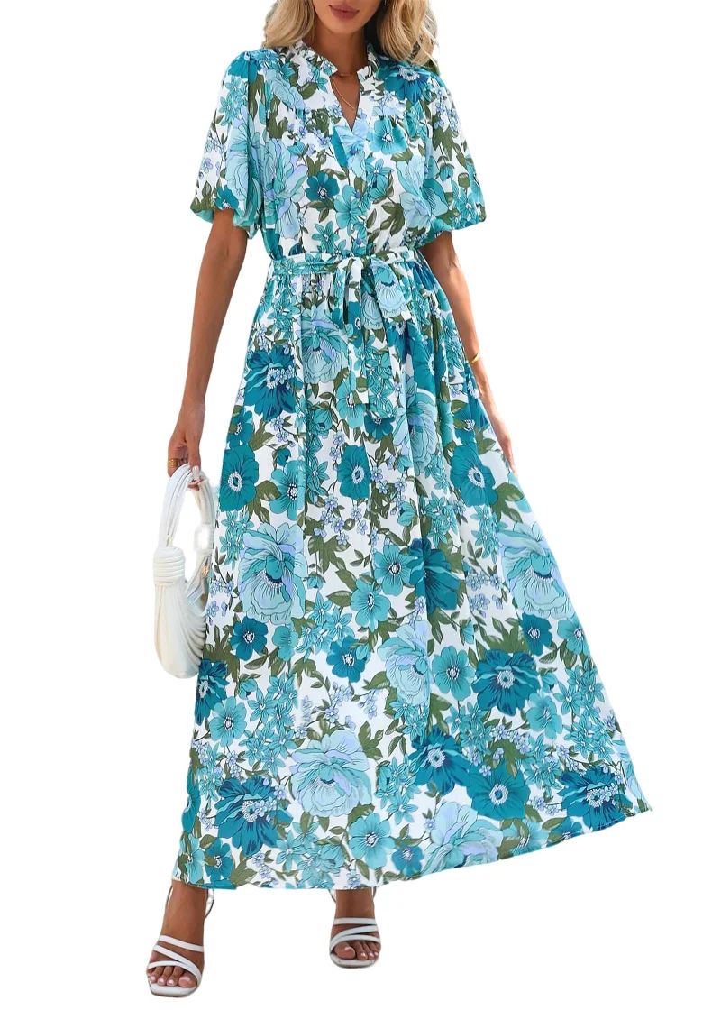 KIRUNDO Floral V-Neck Puff Sleeve Maxi Dress in Blue Green