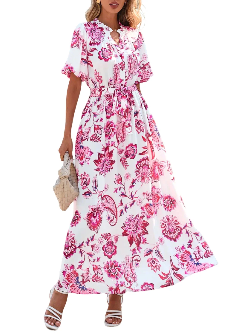 KIRUNDO Floral V-Neck Puff Sleeve Maxi Dress in Floral White Rose Red