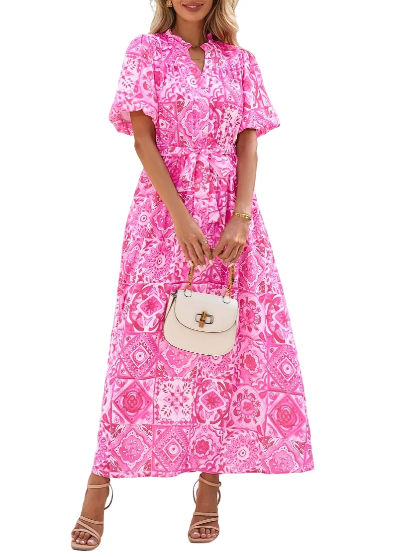 KIRUNDO Floral V-Neck Puff Sleeve Maxi Dress in Rose Red