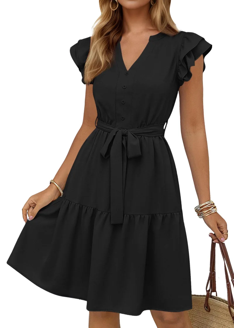KIRUNDO Flutter Sleeve Belted Midi Dress in Black