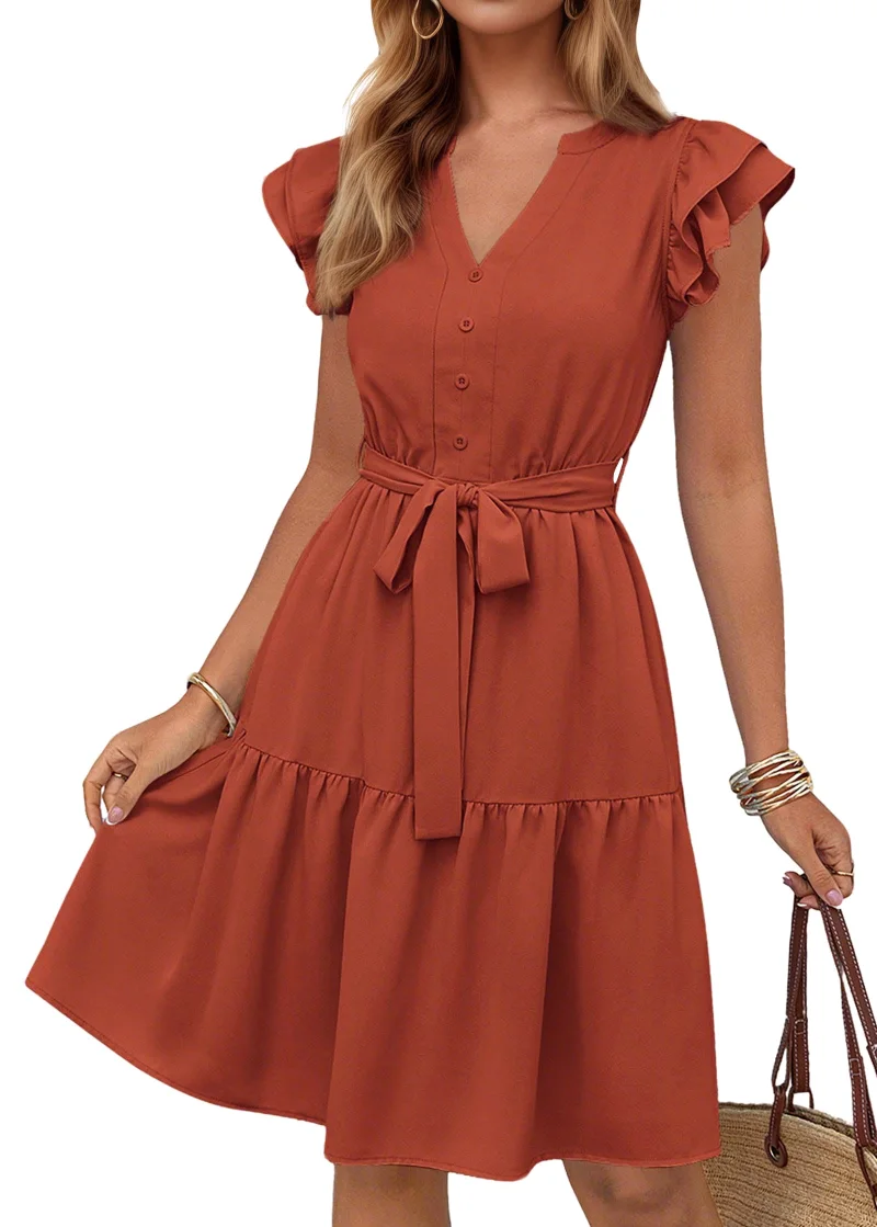 KIRUNDO Flutter Sleeve Belted Midi Dress in Brick Red