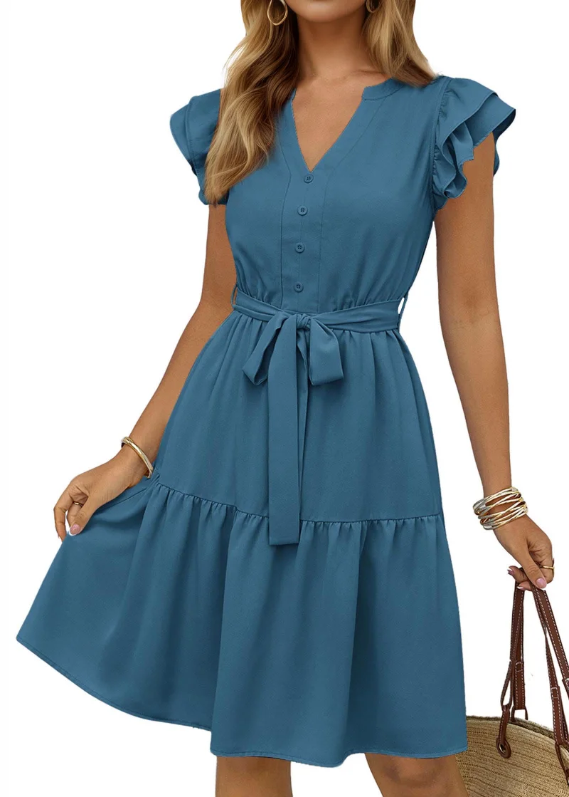 KIRUNDO Flutter Sleeve Belted Midi Dress in Lake Blue
