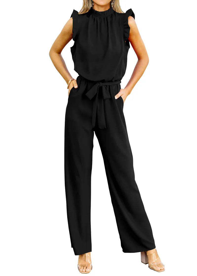 KIRUNDO Flutter Sleeve Tie Waist Jumpsuit in Black