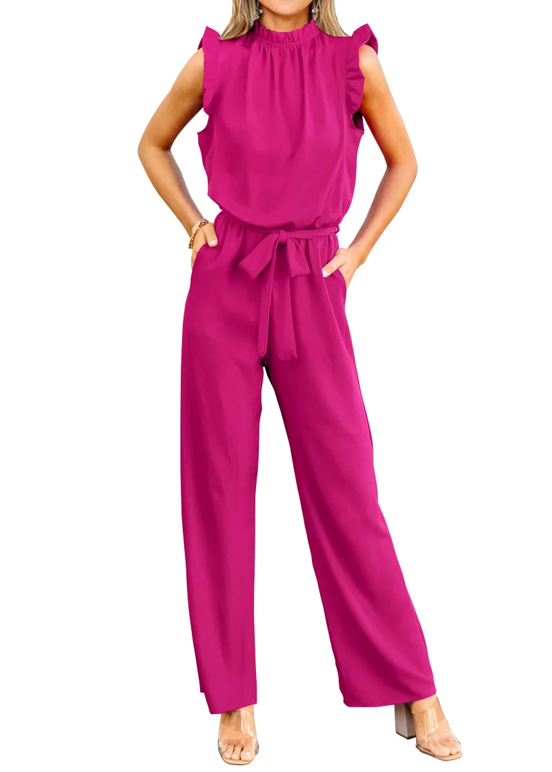 KIRUNDO Flutter Sleeve Tie Waist Jumpsuit in Rose Red