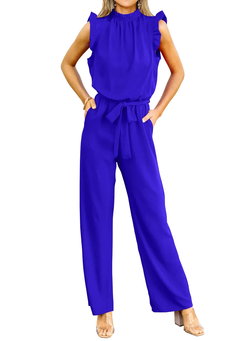 KIRUNDO Flutter Sleeve Tie Waist Jumpsuit in Royal Blue