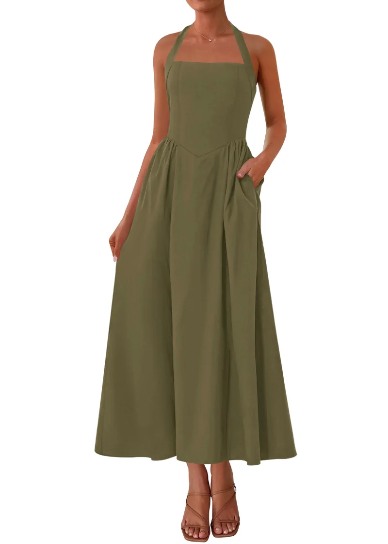KIRUNDO Halter Pocket Maxi Dress in Army Green