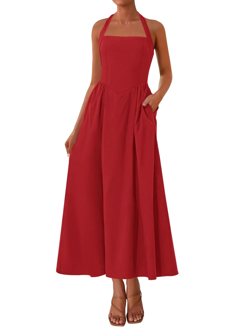 KIRUNDO Halter Pocket Maxi Dress in Red