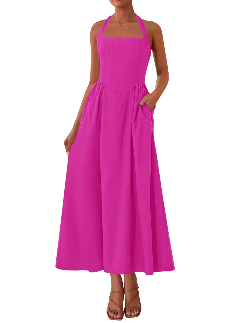 KIRUNDO Halter Pocket Maxi Dress in Rose Red