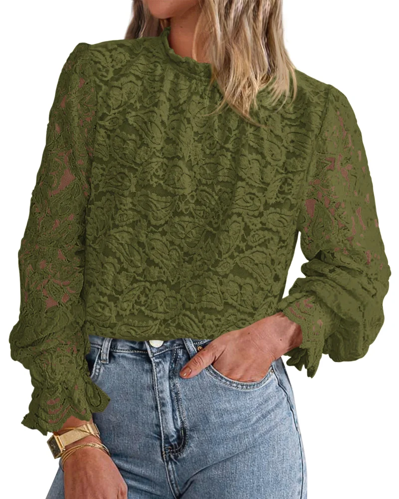 KIRUNDO Lace Long Sleeve Blouse in Army Green