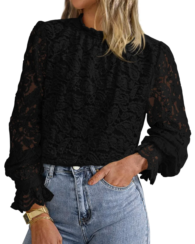 KIRUNDO Lace Long Sleeve Blouse in Black