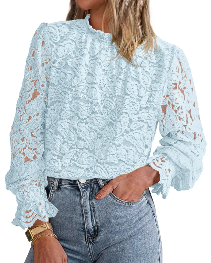 KIRUNDO Lace Long Sleeve Blouse in Blue