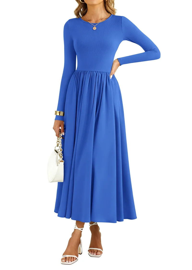 KIRUNDO Long Sleeve Flowy Midi Dress in Blue