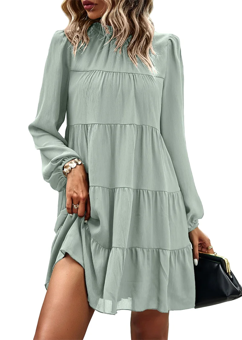 KIRUNDO Long Sleeve Tiered Babydoll Dress in Light Green