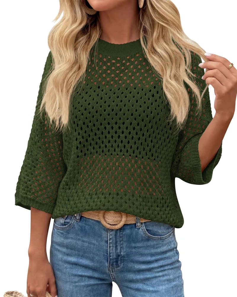 KIRUNDO Open Knit Crochet Top in Army Green