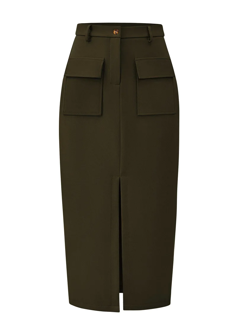KIRUNDO Pencil Cargo High-Waist Skirt in Army Green