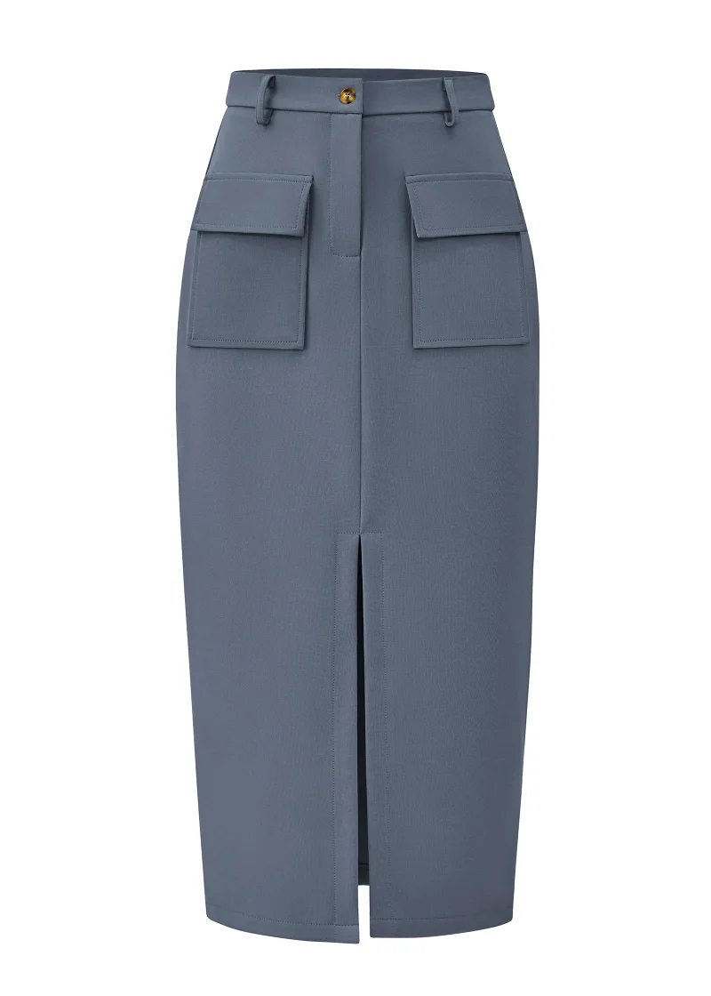 KIRUNDO Pencil Cargo High-Waist Skirt in Grey Blue