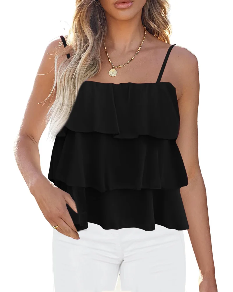 KIRUNDO Peplum Ruffle Babydoll Tank Top in Black