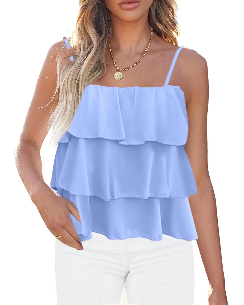KIRUNDO Peplum Ruffle Babydoll Tank Top in Light Blue