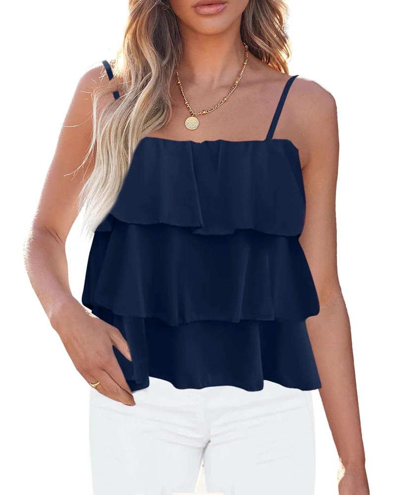 KIRUNDO Peplum Ruffle Babydoll Tank Top in Navy