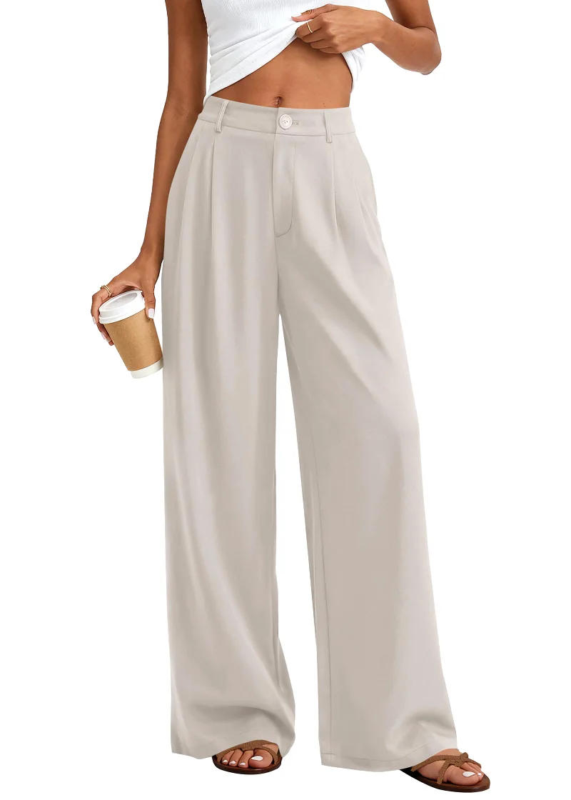 KIRUNDO Polka Dot Wide Leg Flowy Pants in Beige Apricot