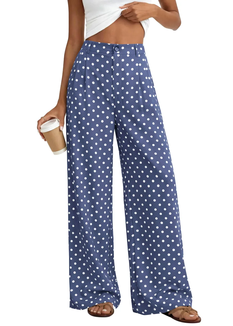 KIRUNDO Polka Dot Wide Leg Flowy Pants in Dot Dusty Blue White