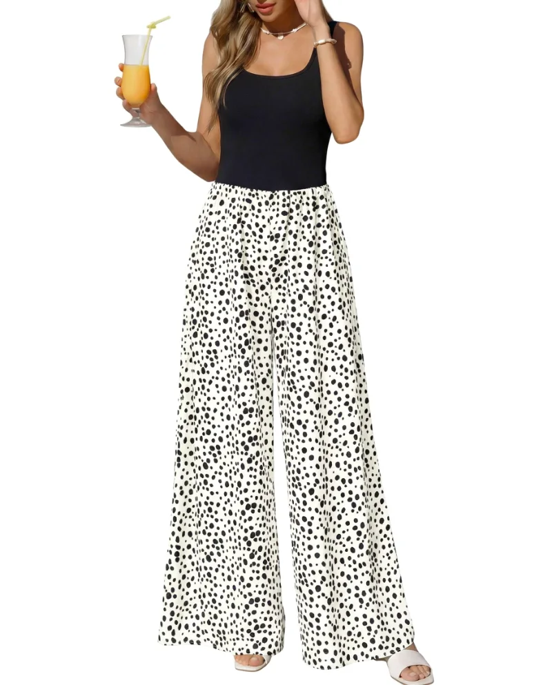 KIRUNDO Printed Wide Leg Tank Jumpsuit in Dot White Black