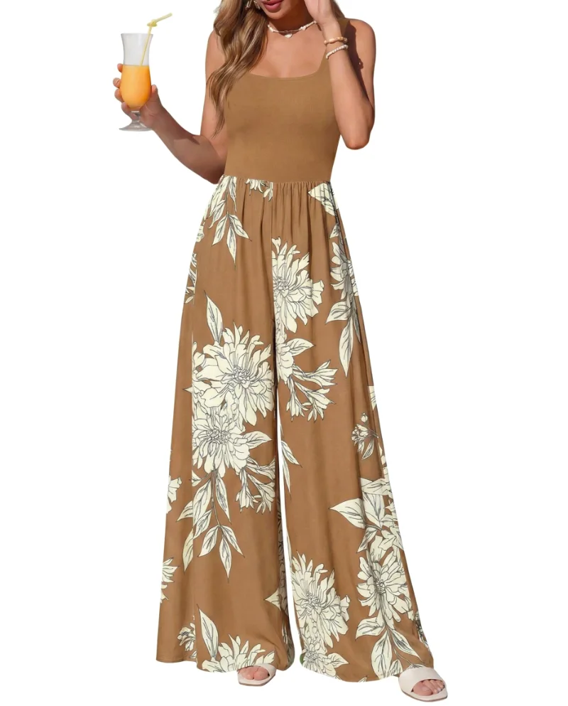 KIRUNDO Printed Wide Leg Tank Jumpsuit in Khaki