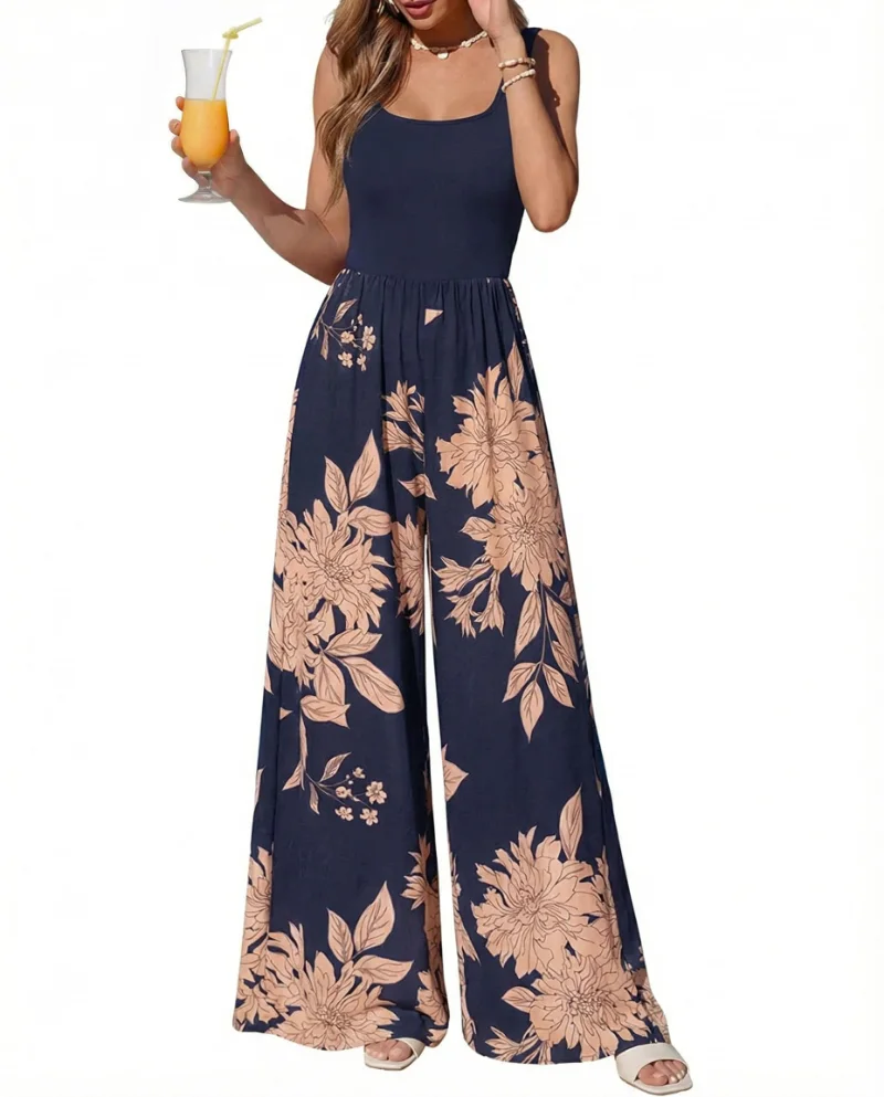 KIRUNDO Printed Wide Leg Tank Jumpsuit in Navy Blue