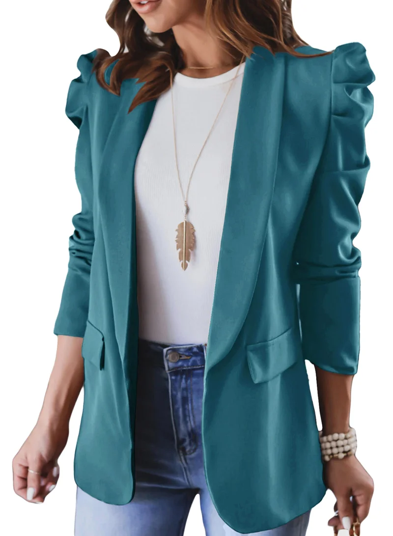 KIRUNDO Puff Sleeve Blazer in Cyan