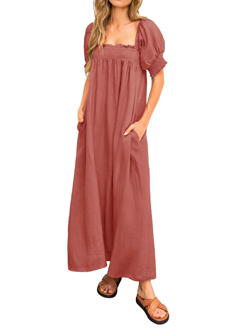 KIRUNDO Puff Sleeve Maxi Dress in Brick Red
