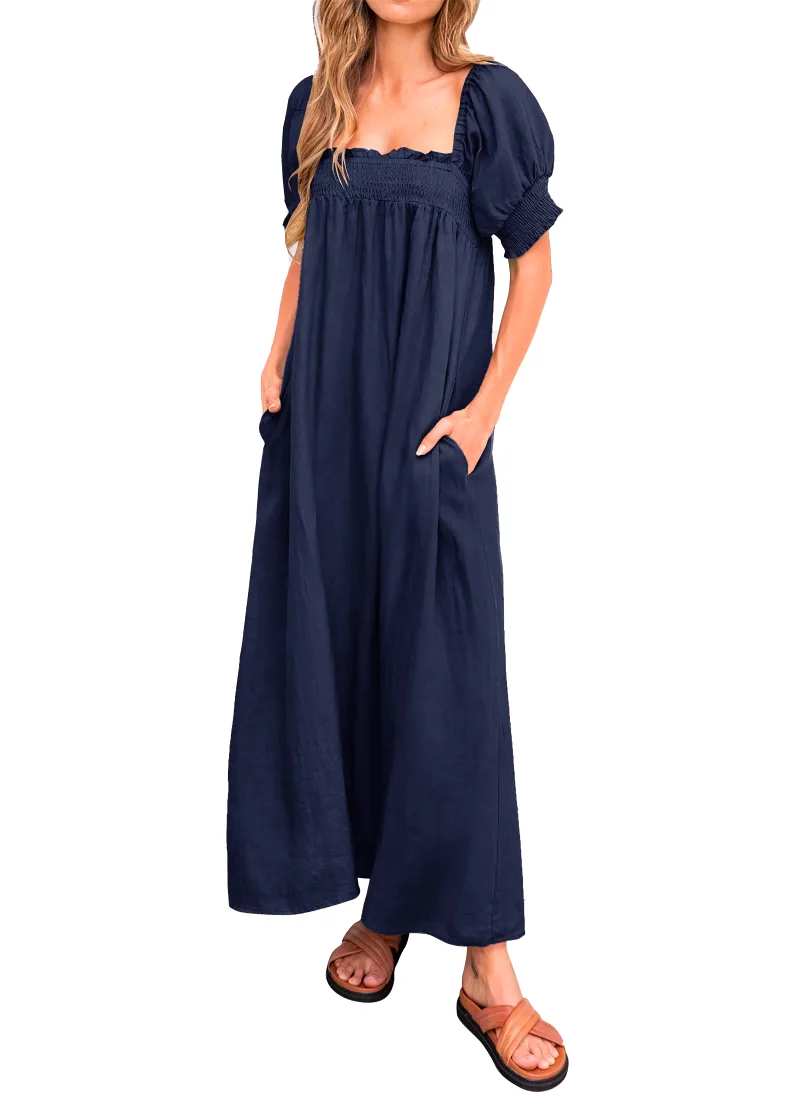 KIRUNDO Puff Sleeve Maxi Dress in Navy