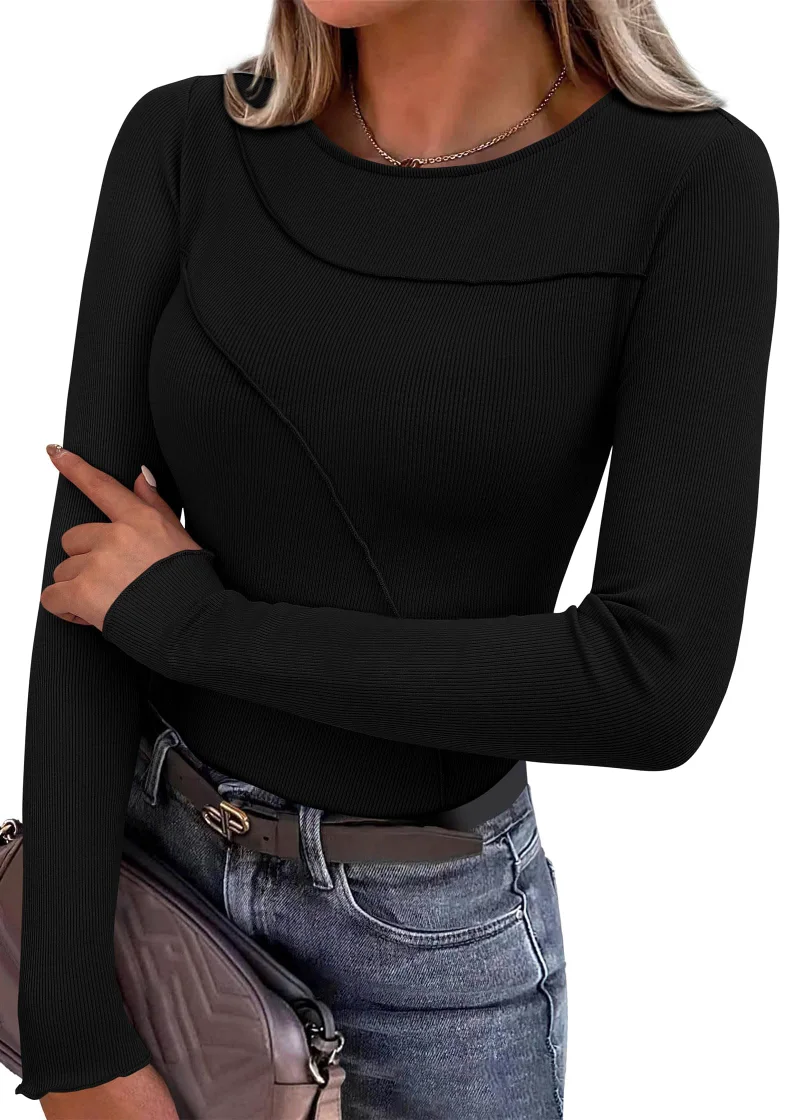 KIRUNDO Ribbed Boat Neck Long Sleeve Top in Black