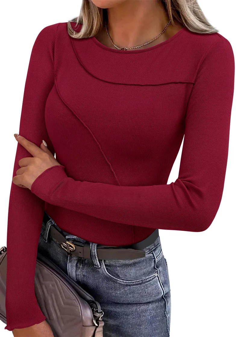 KIRUNDO Ribbed Boat Neck Long Sleeve Top in Burgundy