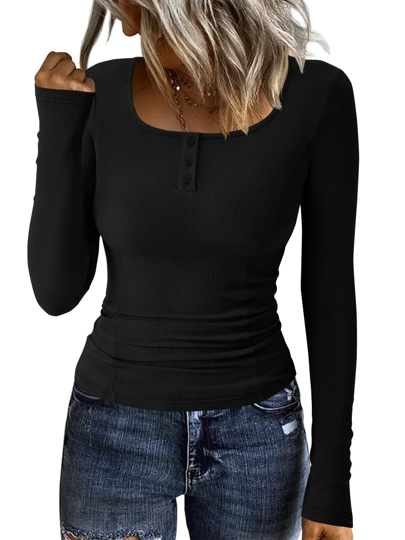 KIRUNDO Ribbed Henley Long Sleeve Top in Black