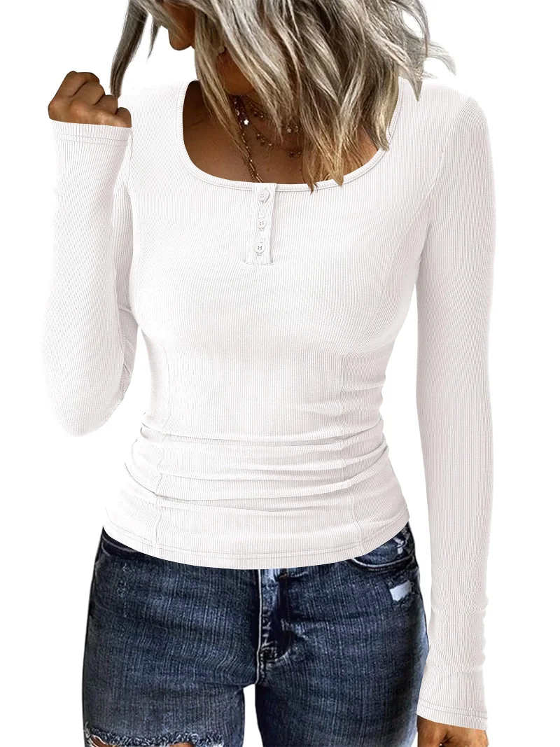 KIRUNDO Ribbed Henley Long Sleeve Top in White