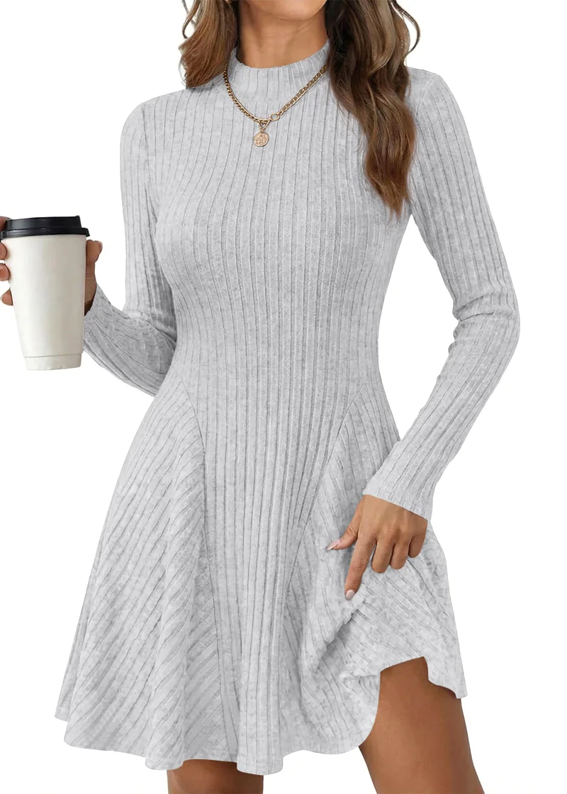 KIRUNDO Ribbed Mock Neck Long Sleeve Sweater Dress in Grey