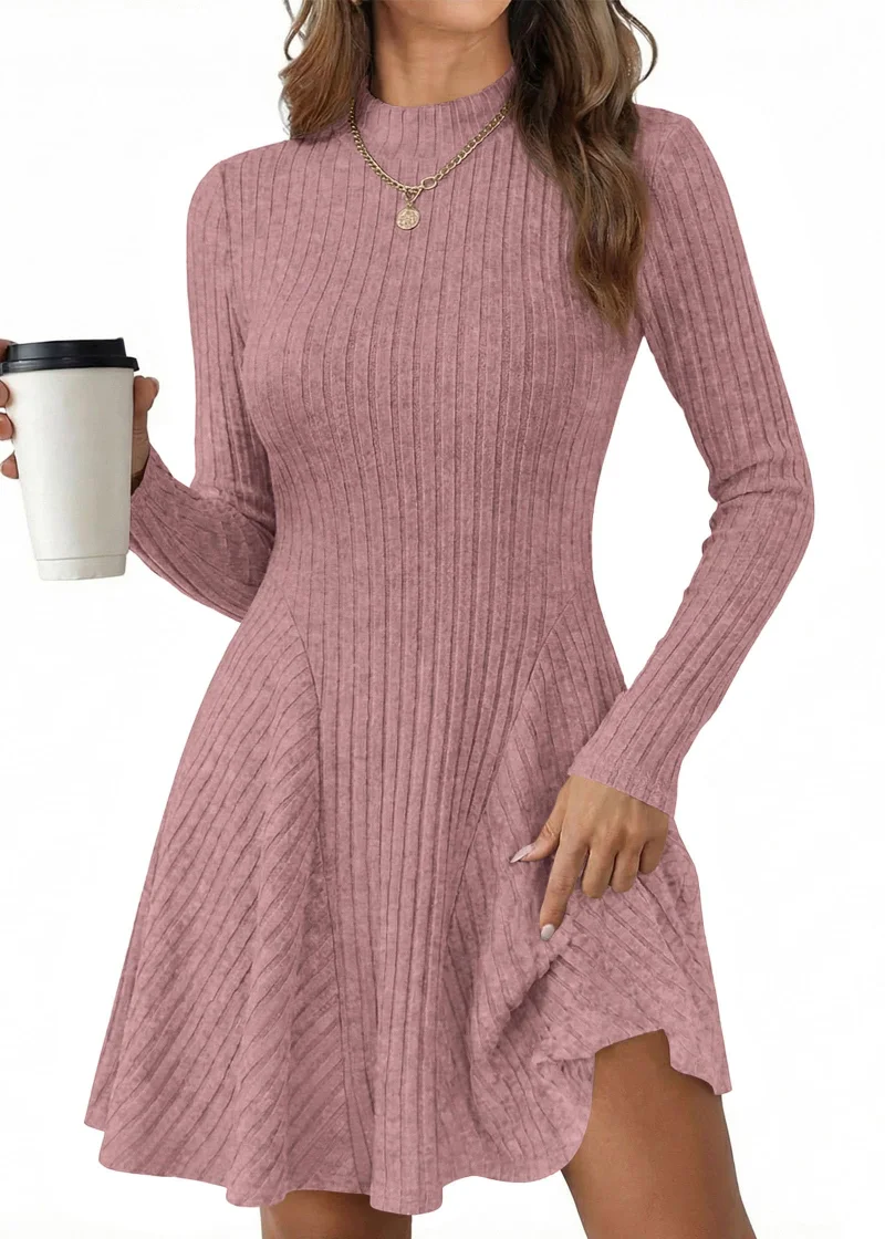 KIRUNDO Ribbed Mock Neck Long Sleeve Sweater Dress in Pink