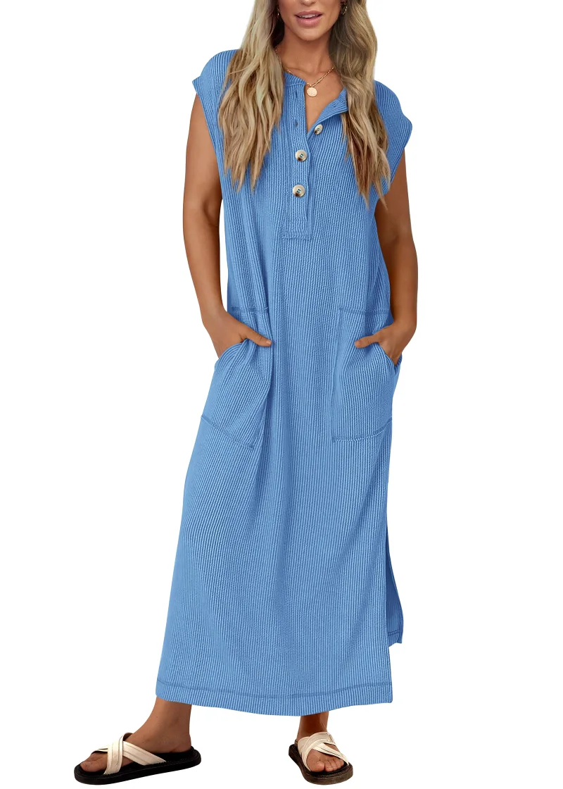 KIRUNDO Ribbed Short Sleeve Sweater Dress in Blue