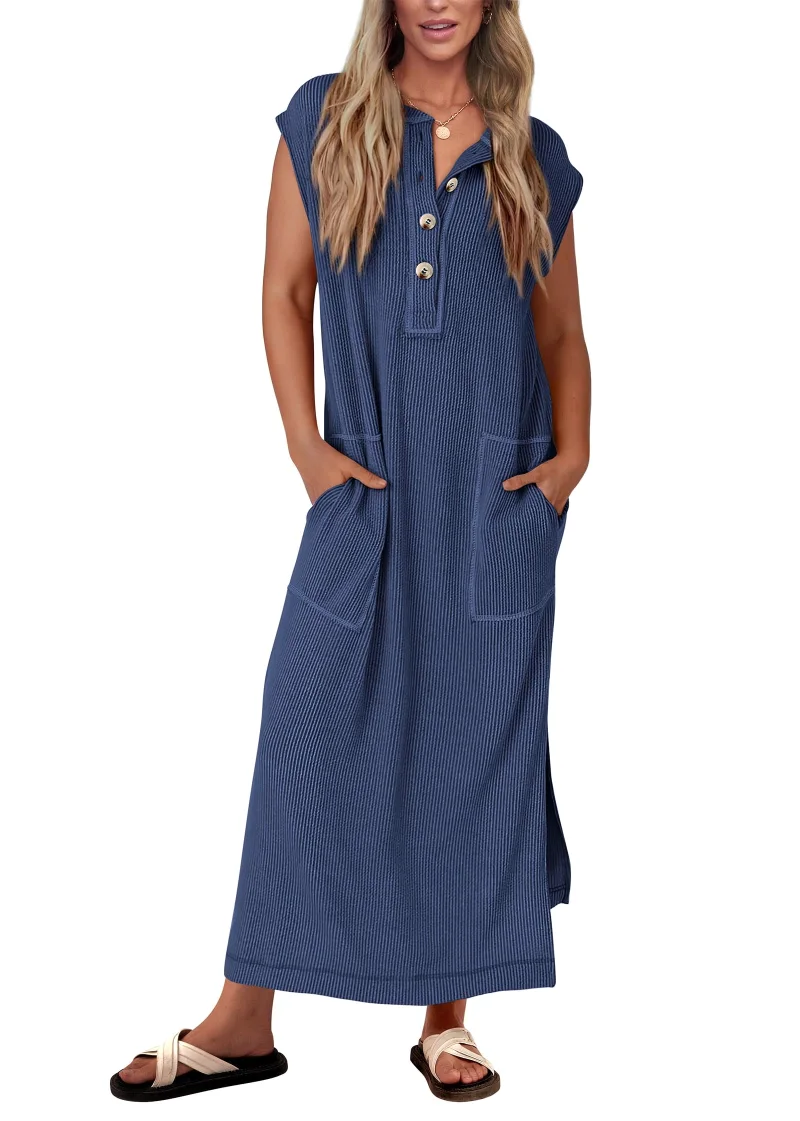 KIRUNDO Ribbed Short Sleeve Sweater Dress in Navy