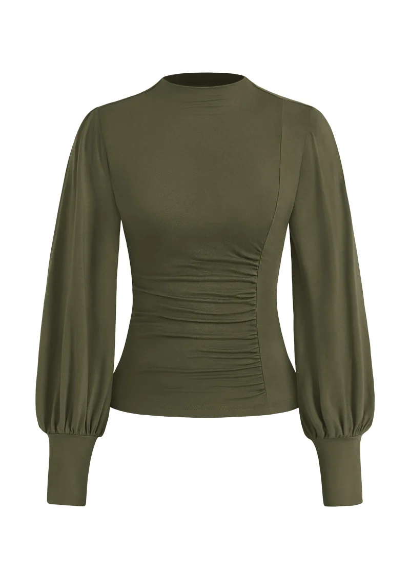 KIRUNDO Ruched Mock Neck Puff Sleeve Blouse in Army Green