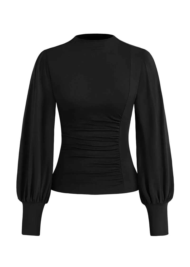 KIRUNDO Ruched Mock Neck Puff Sleeve Blouse in Black