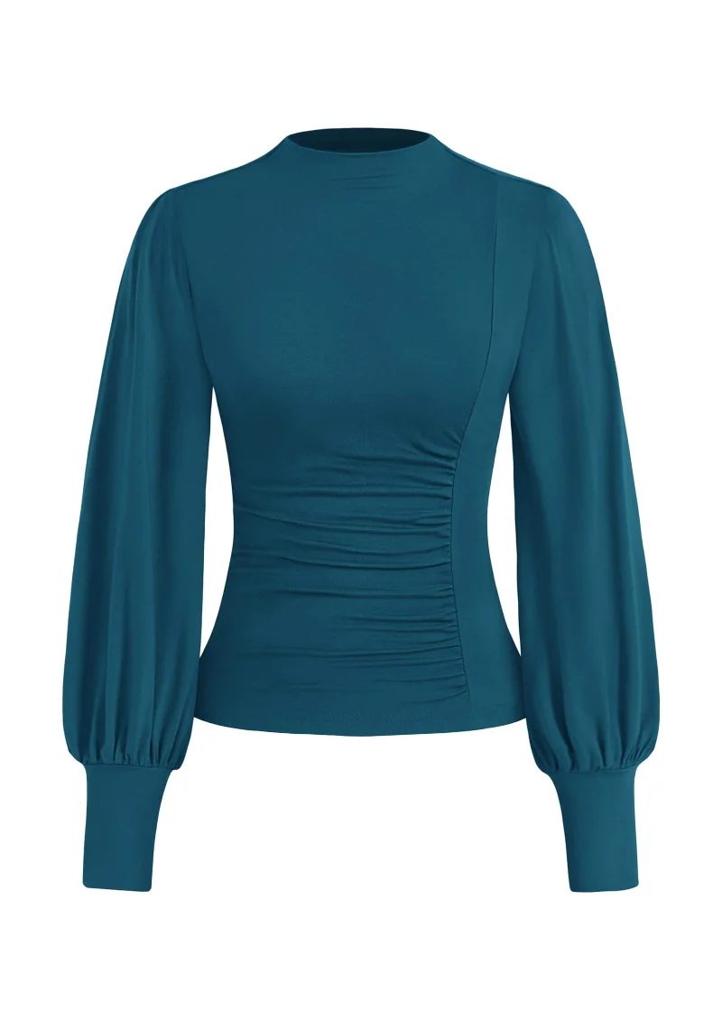 KIRUNDO Ruched Mock Neck Puff Sleeve Blouse in Lake Blue
