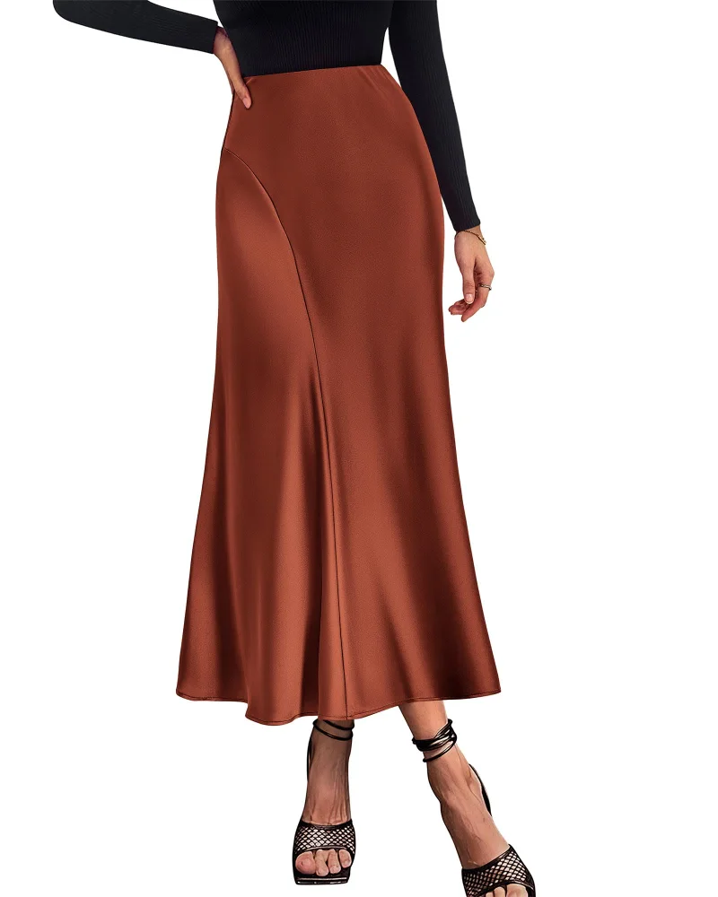 KIRUNDO Satin A-Line High-Waist Skirt in Brown