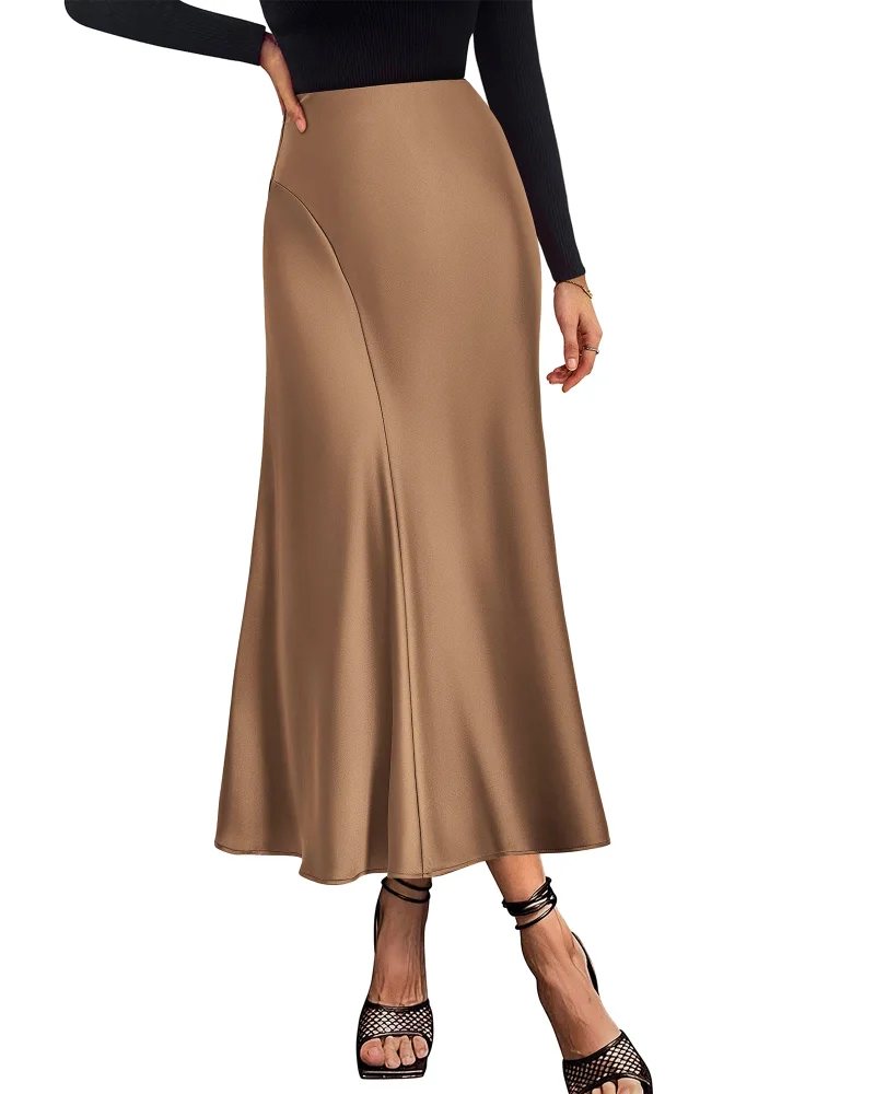 KIRUNDO Satin A-Line High-Waist Skirt in Coffee