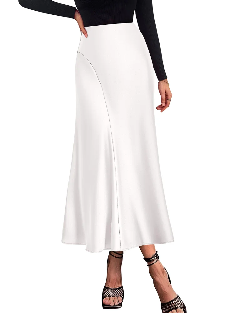 KIRUNDO Satin A-Line High-Waist Skirt in White