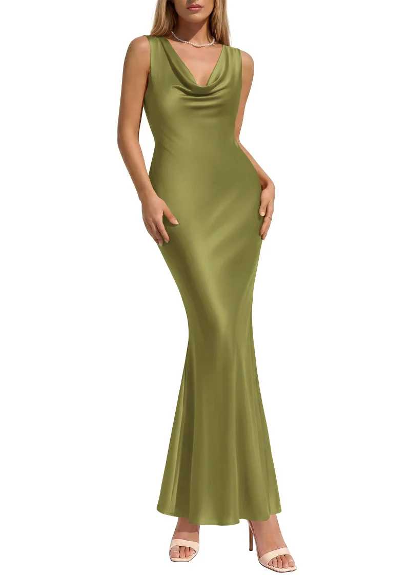 KIRUNDO Satin Bodycon Cowl Neck Maxi Dress in Army Green