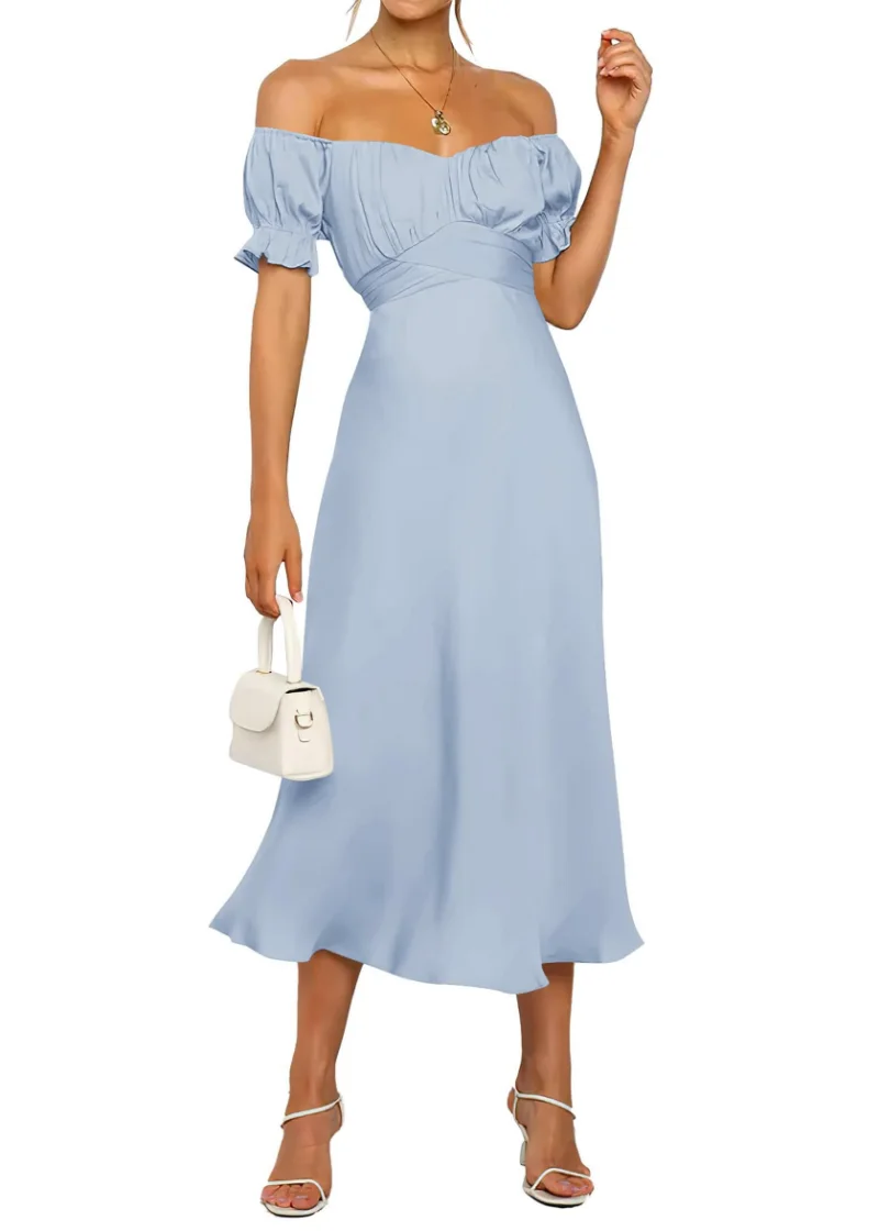 KIRUNDO Satin Off-Shoulder Dress in Light Blue